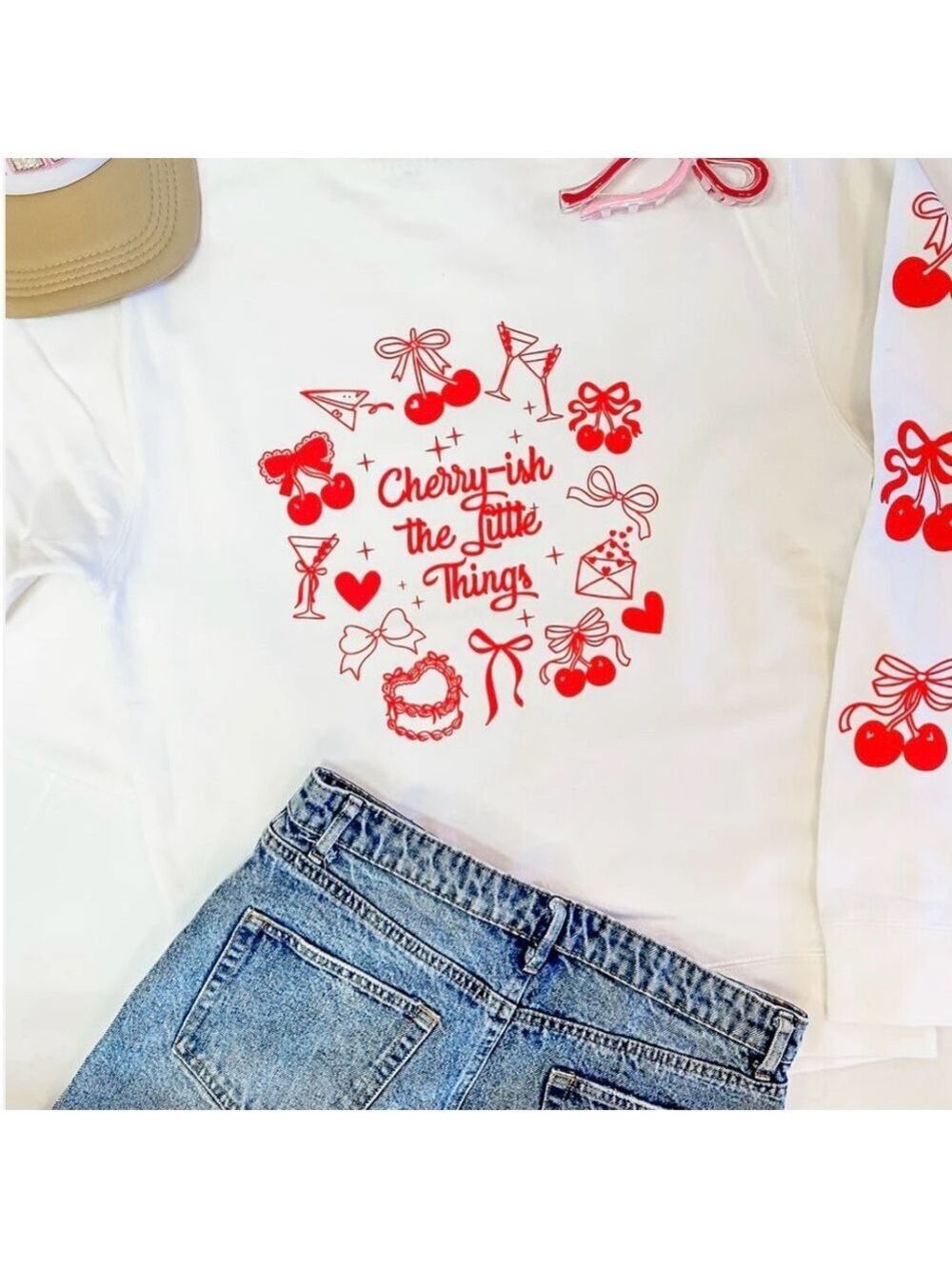 Cream Sweatshirt with Red Cherry Cherry-ish The Little Things Crew Design